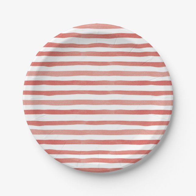 Red Watercolor Stripe Pirate Birthday  Paper Plates (Front)
