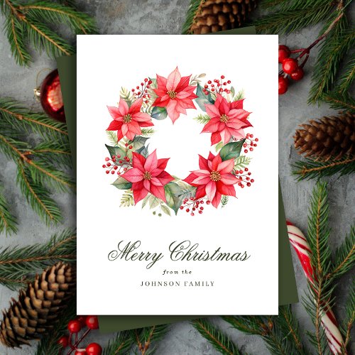 Red Watercolor Style Poinsettia Wreath Christmas Holiday Card