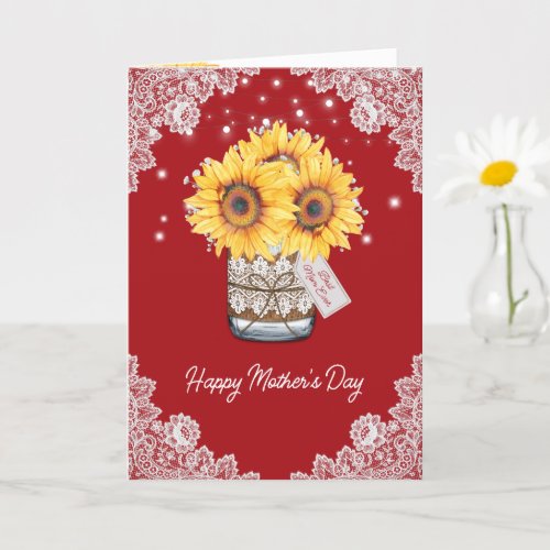 Red Watercolor Sunflower Photo Happy Mothers Day Card