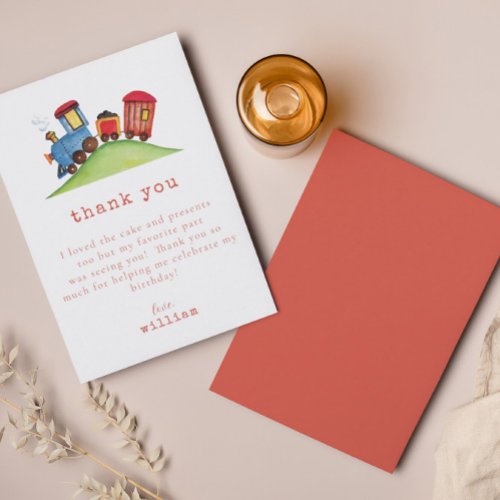 Red Watercolor Train Choo Choo Birthday Party Thank You Card