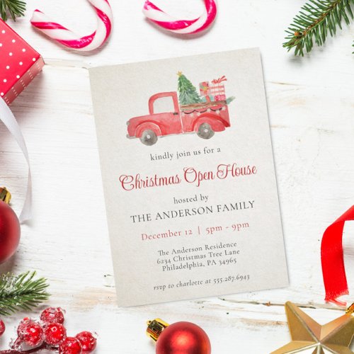 Red Watercolor Truck Christmas Holiday Open House Invitation