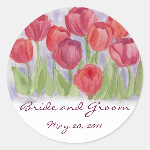 Red Watercolor Tulips Wedding Date Bride Groom Classic Round Sticker