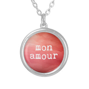 Red Watercolor Typewritten Mon Amour Silver Plated Necklace