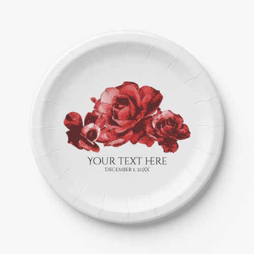 Red Watercolor Vintage Roses Elegant Wedding Paper Plates