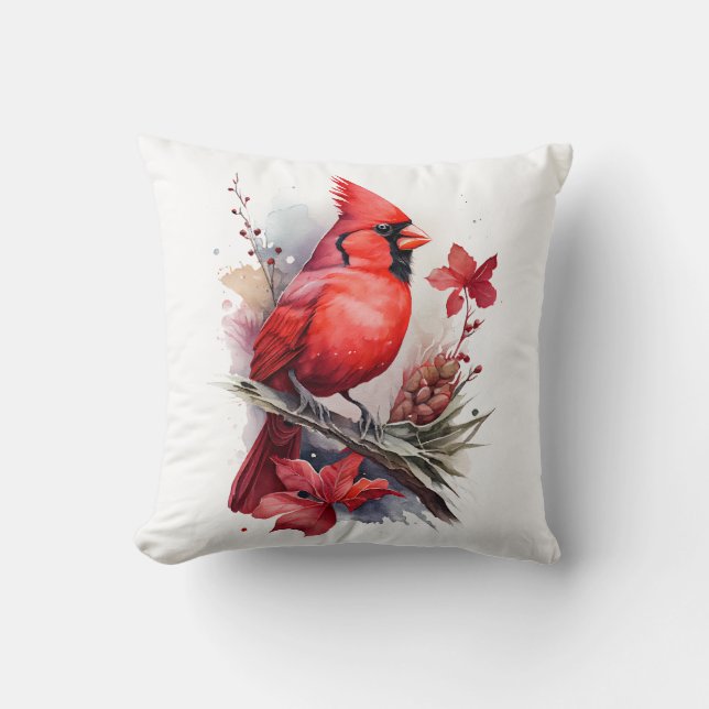 Red Watercolor Winter Cardinal Throw Pillow (Front)