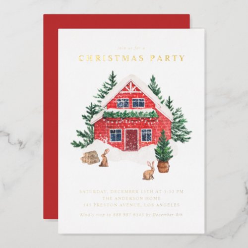 Red Watercolor Winter Cottage Christmas Party Foil Invitation