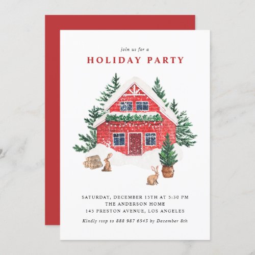 Red Watercolor Winter Cottage Holiday Party Invitation