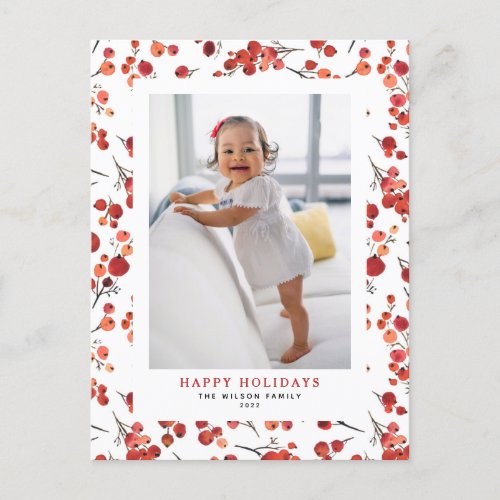 Red Watercolor Winterberry Holly Pattern Photo Holiday Postcard