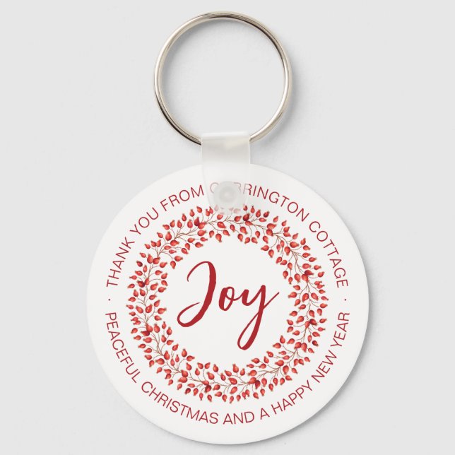 Red Watercolor Wreath Custom Business Christmas  Keychain (Front)