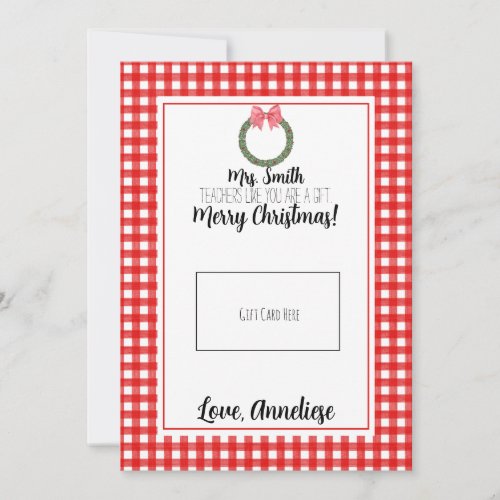 Red Watercolor Wreath Teacher Christmas Gift Card