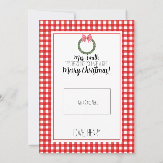 Red Watercolor Wreath Teacher Christmas Gift Card (Front)