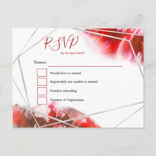 Red WatercolorsSilver geometric line RSVP Postcard