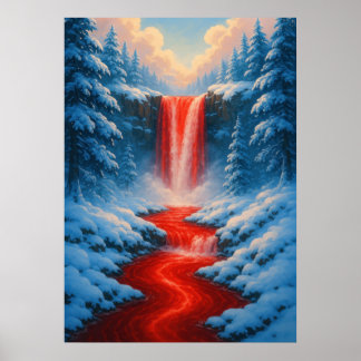 Red Waterfall in Winter Snow Fantasy Landscape Poster