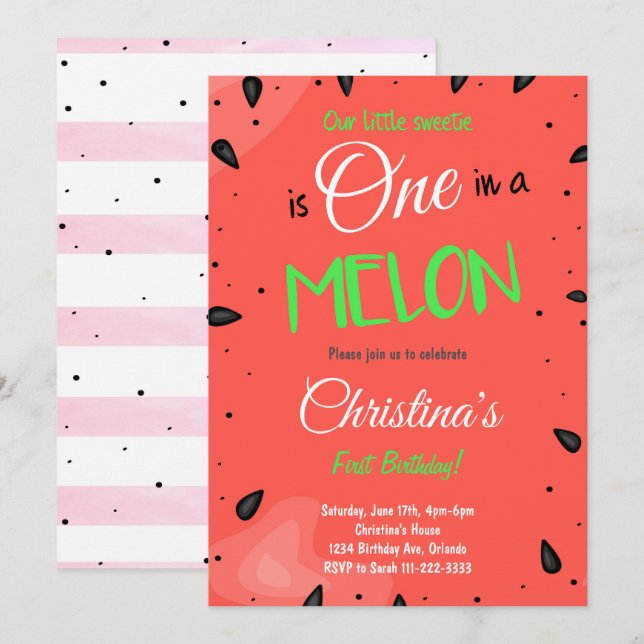 Red Watermelon 1st Birthday Invitation (Front/Back)