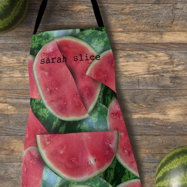 Red Watermelon Fruit Slice Kitchen Apron (Watermelon lover? Add your name to this colorful fruit slice patterned apron)