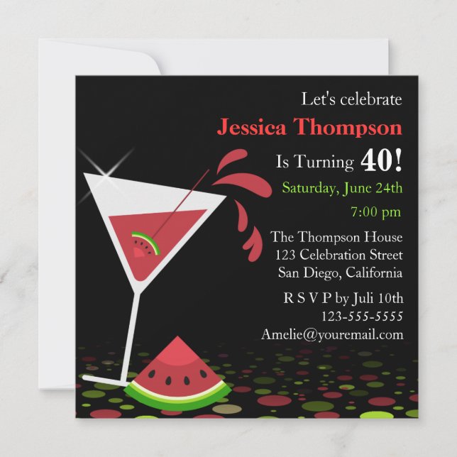Red Watermelon Martini Birthday Party Invitation (Front)