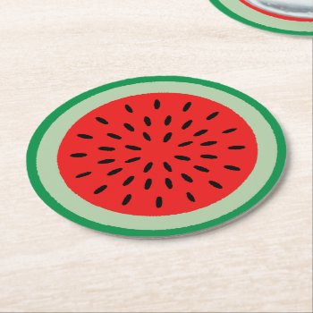 Red Watermelon Slice Black Seeds Summer Party Round Paper Coaster by Swisstoons at Zazzle