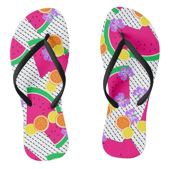 Red Watermelon Yellow Lemons Tropical Flip Flops (Footbed)