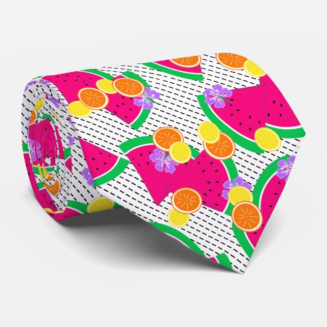 Red Watermelon Yellow Lemons Tropical Neck Tie (Rolled)