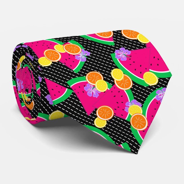 Red Watermelon Yellow Lemons Tropical Neck Tie (Rolled)