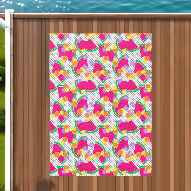 Red Watermelon Yellow Lemons Tropical on white Outdoor Rug (Insitu (Outdoor 2))