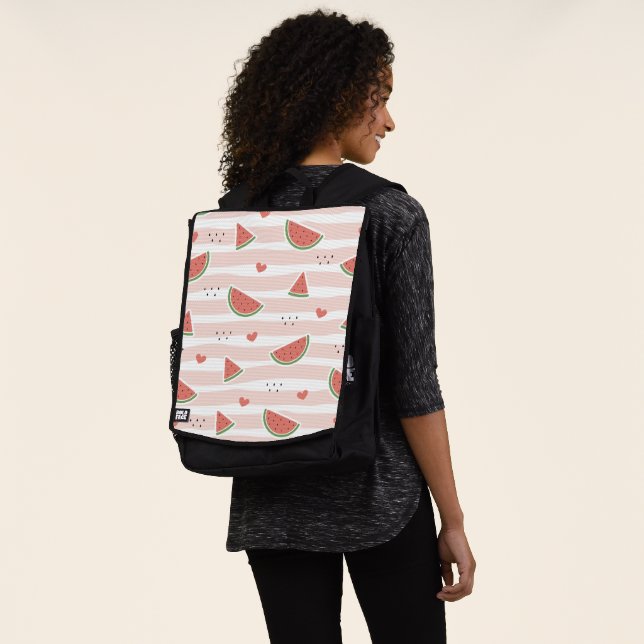 Red Watermelons, Hearts, Stripes, Summer Pattern Backpack (Worn)