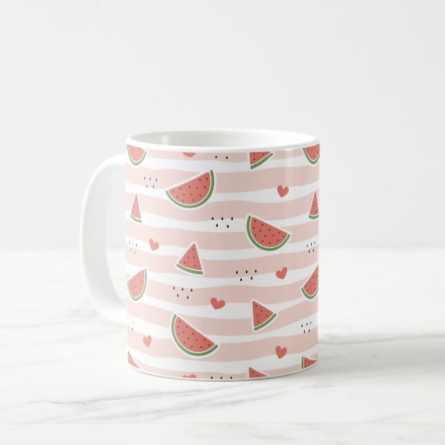 Red Watermelons, Hearts, Stripes, Summer Pattern Coffee Mug (Front Left)