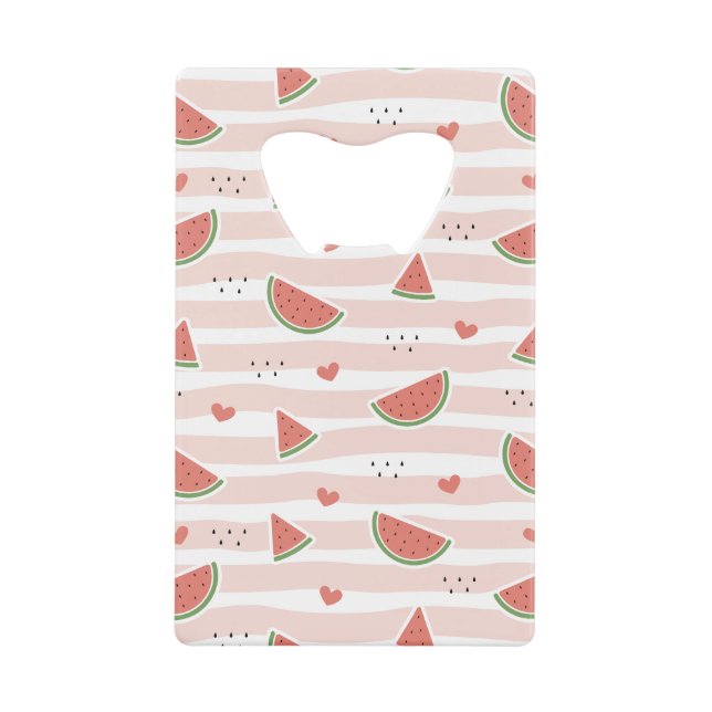Red Watermelons, Hearts, Stripes, Summer Pattern Credit Card Bottle Opener (Front)