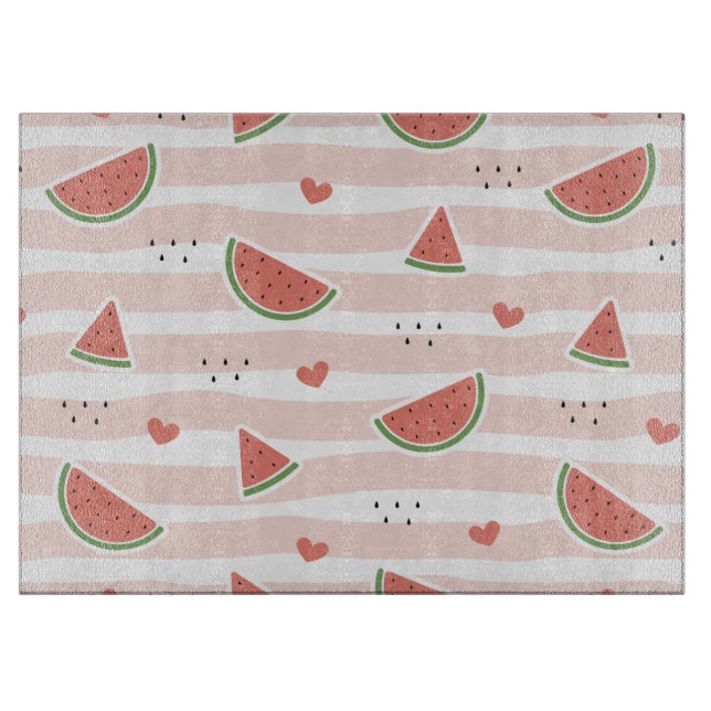 Red Watermelons, Hearts, Stripes, Summer Pattern Cutting Board (Front)
