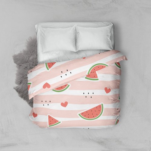 Red Watermelons Hearts Stripes Summer Pattern Duvet Cover