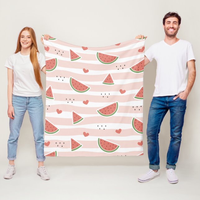 Red Watermelons, Hearts, Stripes, Summer Pattern Fleece Blanket (In Situ)