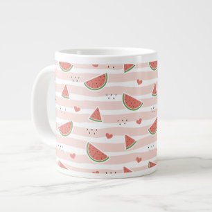 Red Watermelons, Hearts, Stripes, Summer Pattern Giant Coffee Mug