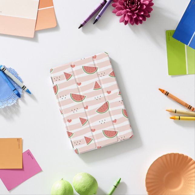 Red Watermelons, Hearts, Stripes, Summer Pattern iPad Mini Cover (In Situ)
