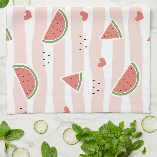 Red Watermelons, Hearts, Stripes, Summer Pattern Kitchen Towel (Folded)
