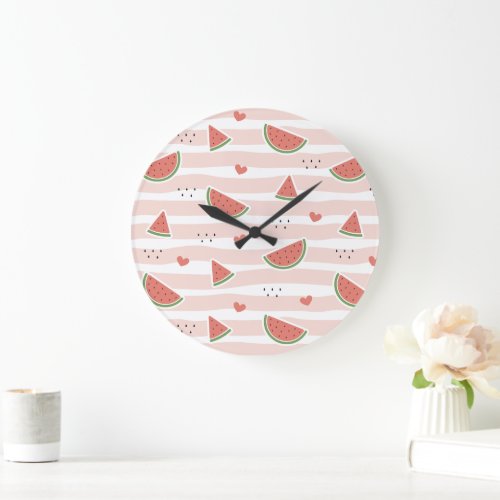 Red Watermelons Hearts Stripes Summer Pattern Large Clock