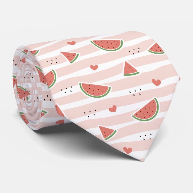 Red Watermelons, Hearts, Stripes, Summer Pattern Neck Tie (Rolled)