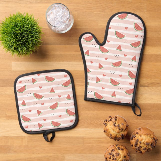 Red Watermelons, Hearts, Stripes, Summer Pattern Oven Mitt & Pot Holder Set (Top Down)