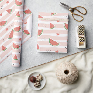 Red Watermelons, Hearts, Stripes, Summer Pattern Wrapping Paper