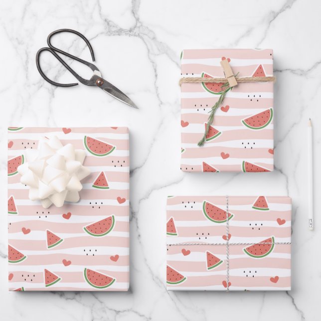 Red Watermelons, Hearts, Stripes, Summer Pattern Wrapping Paper Sheets (Front)