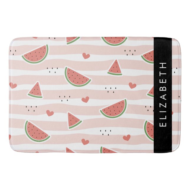 Red Watermelons, Hearts, Stripes, Your Name Bath Mat (Front)