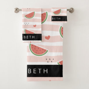 Red Watermelons, Hearts, Stripes, Your Name Bath Towel Set
