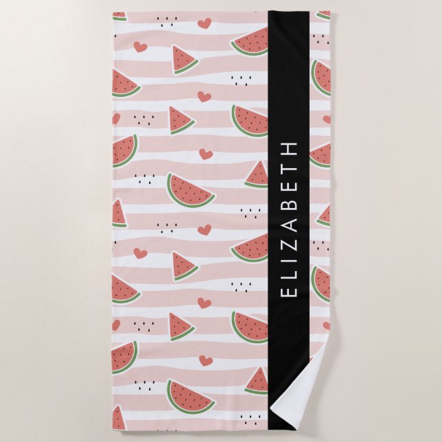 Red Watermelons, Hearts, Stripes, Your Name Beach Towel (Front)