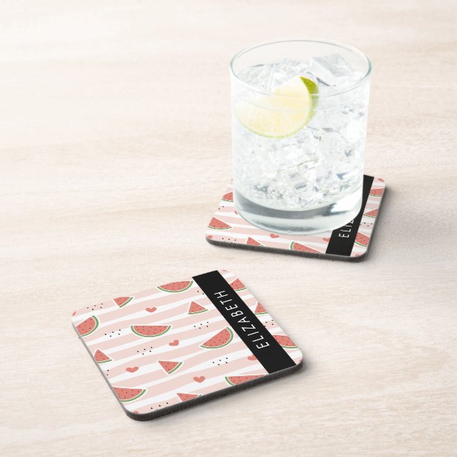 Red Watermelons, Hearts, Stripes, Your Name Beverage Coaster (Right Side)