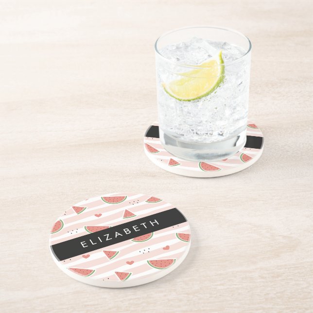 Red Watermelons, Hearts, Stripes, Your Name Coaster (Side)