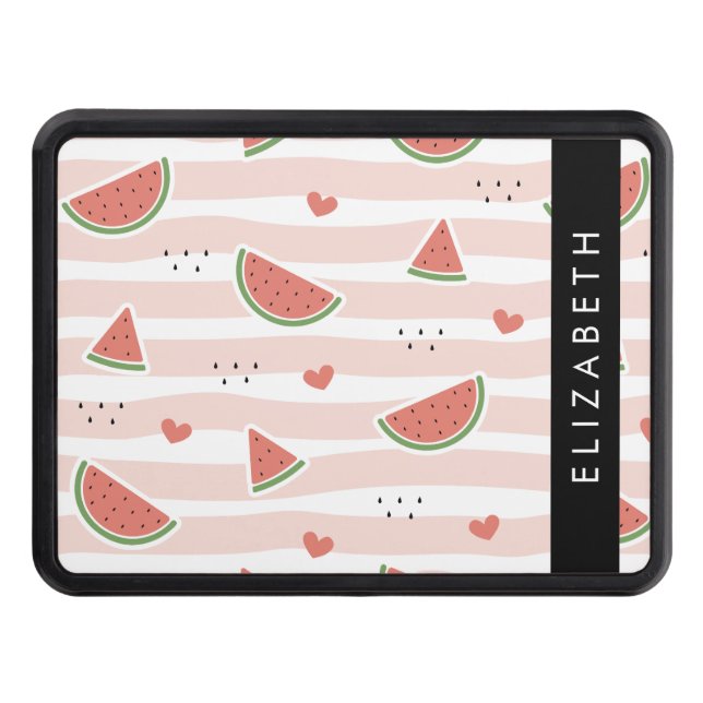 Red Watermelons, Hearts, Stripes, Your Name Hitch Cover (Front)