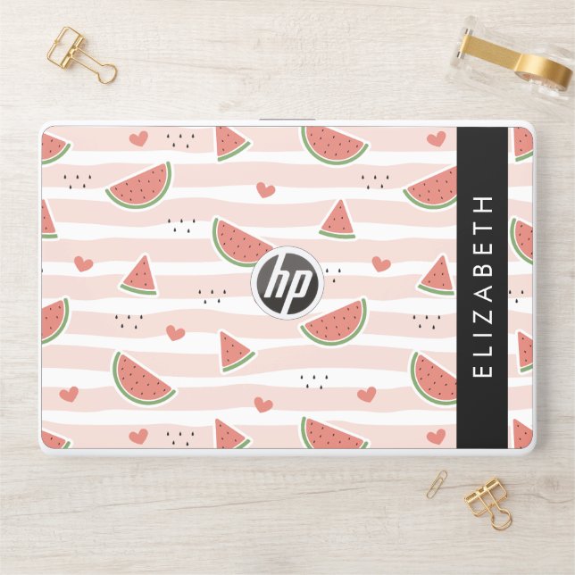 Red Watermelons, Hearts, Stripes, Your Name HP Laptop Skin (Desk)