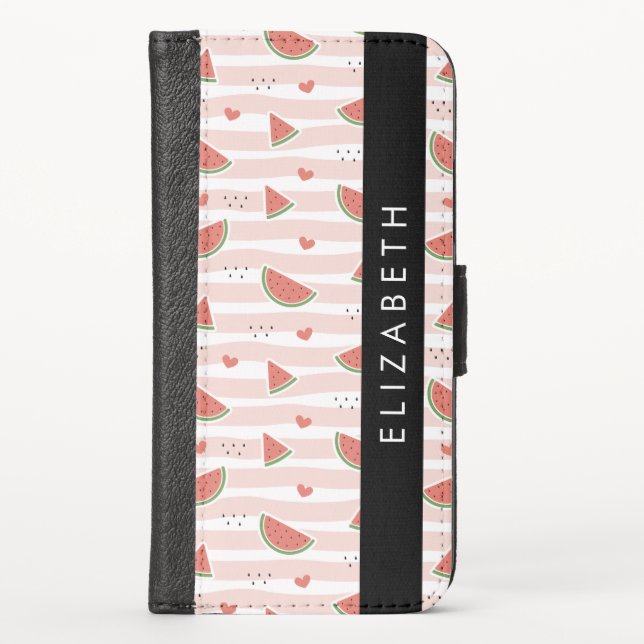 Red Watermelons, Hearts, Stripes, Your Name iPhone Wallet Case (Front)