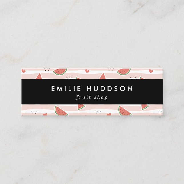 Red Watermelons, Hearts, Stripes, Your Name Mini Business Card (Front)