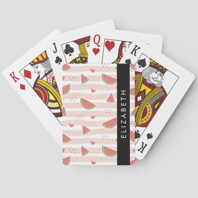 Red Watermelons, Hearts, Stripes, Your Name Poker Cards (Back)