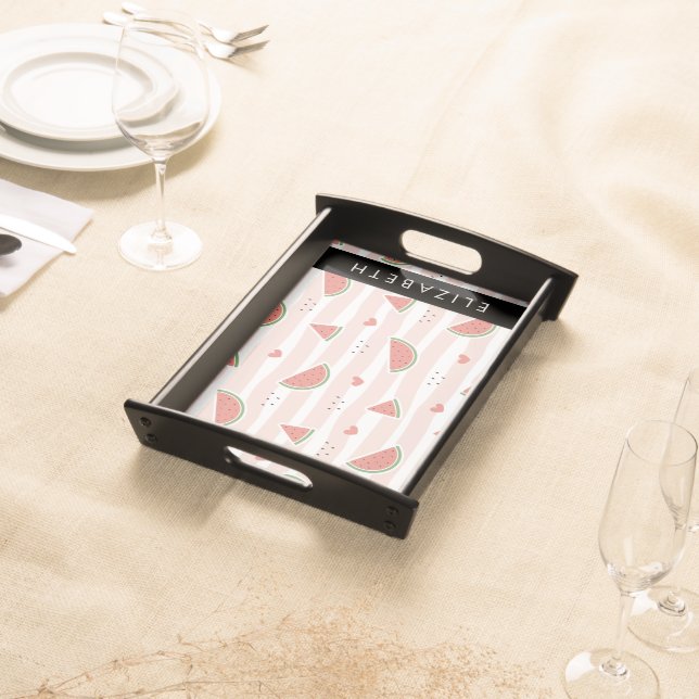 Red Watermelons, Hearts, Stripes, Your Name Serving Tray (Front)